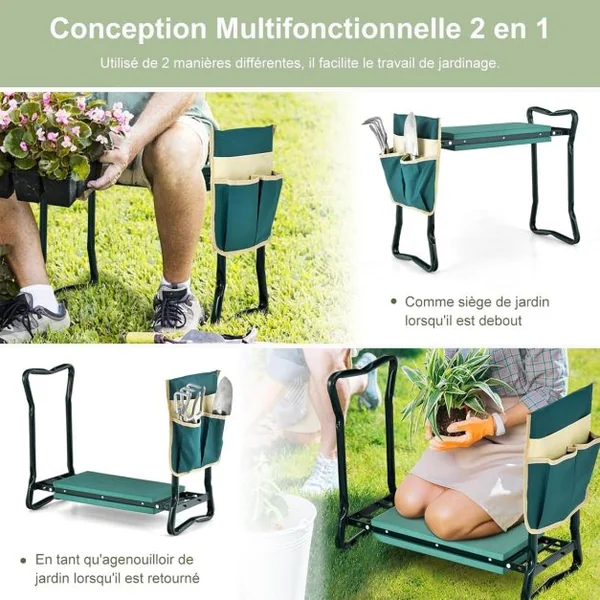 Tabouret de Jardinage Pliable Agenouilloir de Jardin avec Sacs à Outils Coussinet Epais en Eve Charge 150kg 58x27,5x49cm Vert