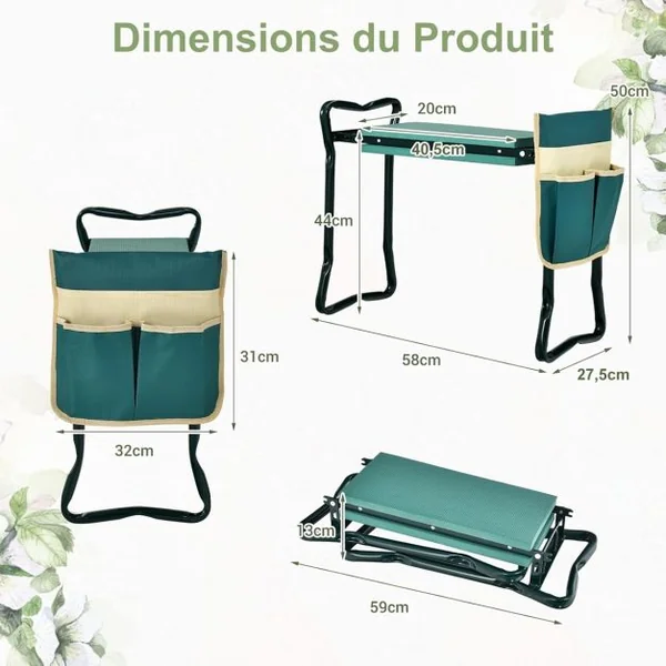 Tabouret de Jardinage Pliable Agenouilloir de Jardin avec Sacs à Outils Coussinet Epais en Eve Charge 150kg 58x27,5x49cm Vert