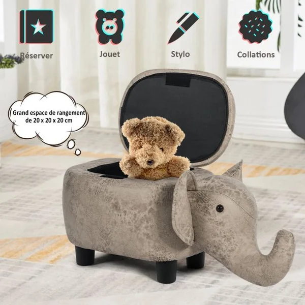 Tabouret de Rangement en Forme d’Eléphant avec Surface en Tissu pour Enfants Capacité 150 kg 70x32x30 cm Gris