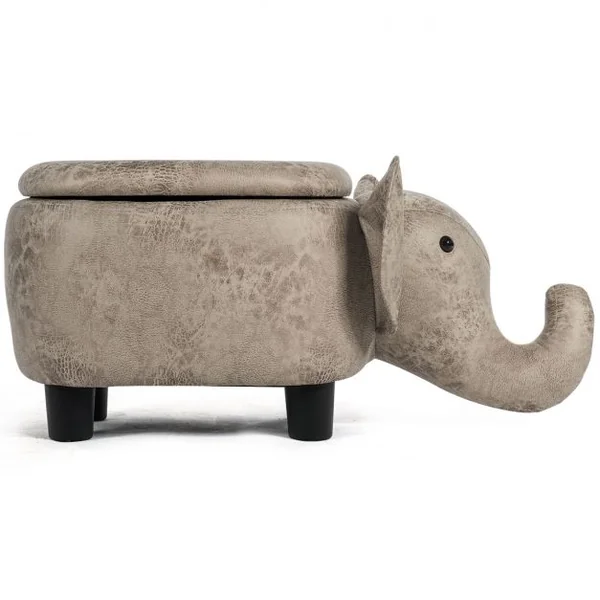 Tabouret de Rangement en Forme d’Eléphant avec Surface en Tissu pour Enfants Capacité 150 kg 70x32x30 cm Gris