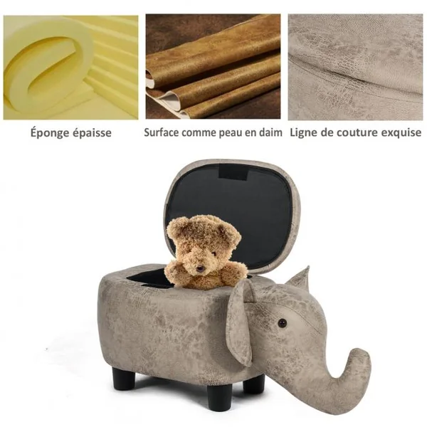 Tabouret de Rangement en Forme d’Eléphant avec Surface en Tissu pour Enfants Capacité 150 kg 70x32x30 cm Gris