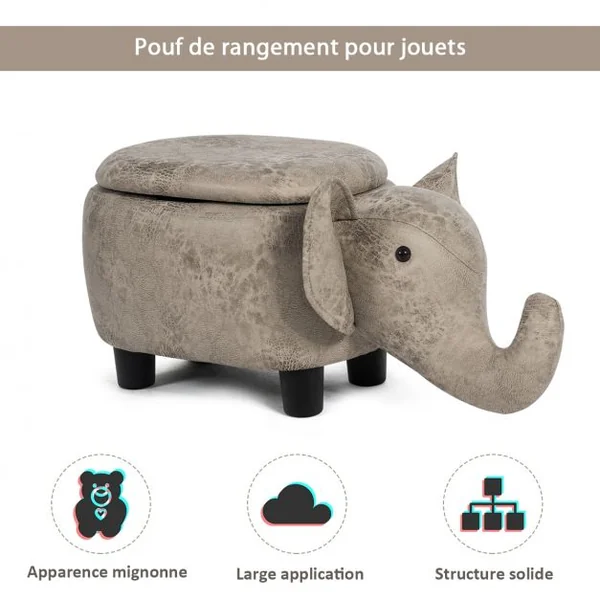 Tabouret de Rangement en Forme d’Eléphant avec Surface en Tissu pour Enfants Capacité 150 kg 70x32x30 cm Gris