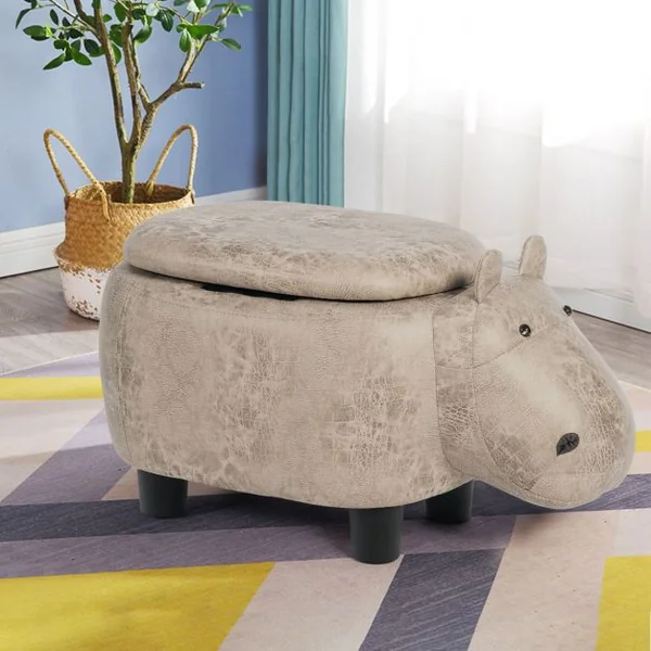 Tabouret de Rangement en Forme d’Hippopotame avec Surface en Tissu pour Enfants Capacité 150 kg 70x32x30 cm Gris