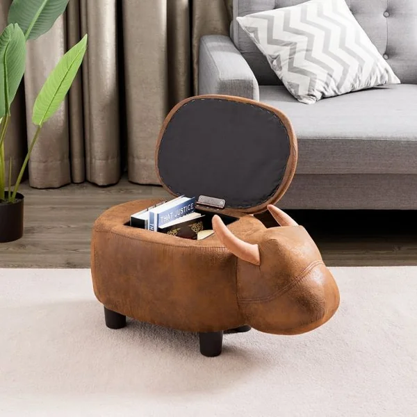 Tabouret de Rangement Repose-pieds Pouf Ottoman avec Couvercle et rangement en Forme de Buffle, 62x35x35cm, Brun