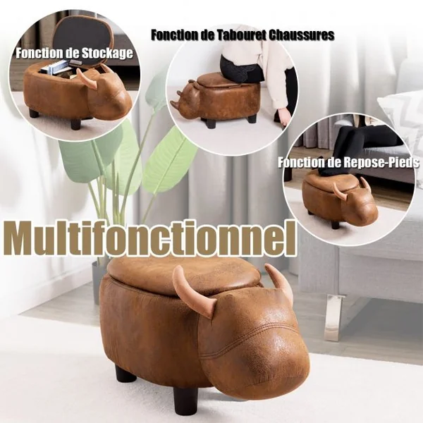 Tabouret de Rangement Repose-pieds Pouf Ottoman avec Couvercle et rangement en Forme de Buffle, 62x35x35cm, Brun