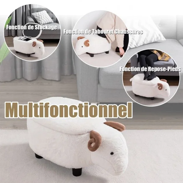 Tabouret de Rangement Repose-pieds Pouf Ottoman avec Couvercle et rangement en Forme de Mouton, 62x35x35cm, Blanc
