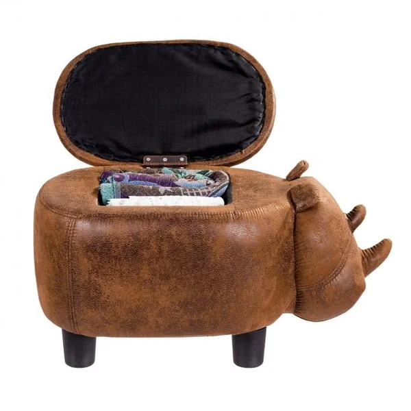 Tabouret de Rangement Repose-pieds Pouf Ottoman avec Couvercle et rangement en Forme de Rhinocéros, 62x35x35cm, Brun