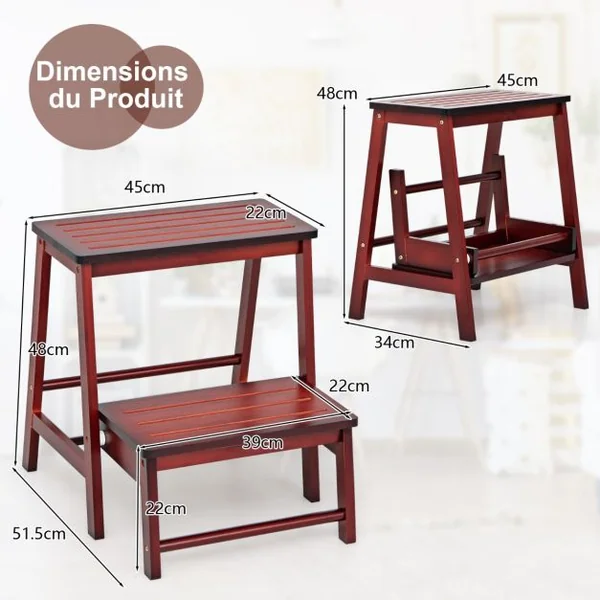 Tabouret d'Echelle Pliante Marchepied avec 2 étages en Bambou Idéal pour Librairie Maison Rouge