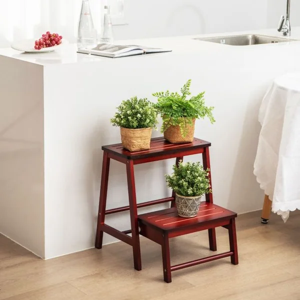 Tabouret d'Echelle Pliante Marchepied avec 2 étages en Bambou Idéal pour Librairie Maison Rouge