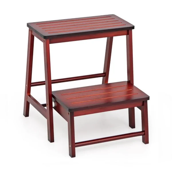 Tabouret d'Echelle Pliante Marchepied avec 2 étages en Bambou Idéal pour Librairie Maison Rouge