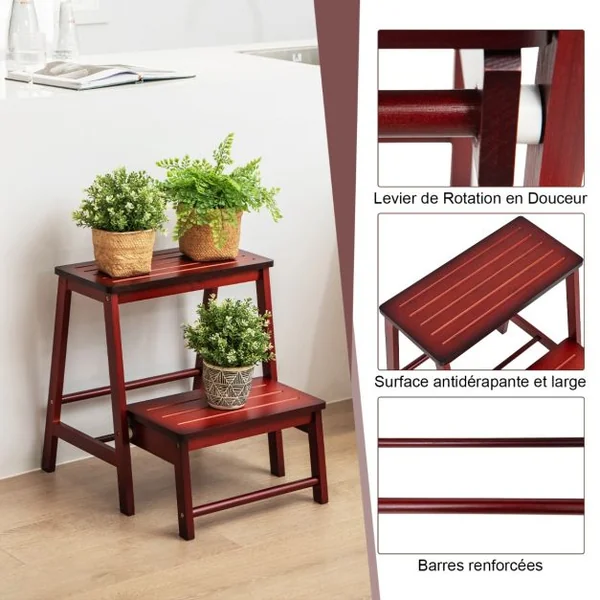 Tabouret d'Echelle Pliante Marchepied avec 2 étages en Bambou Idéal pour Librairie Maison Rouge