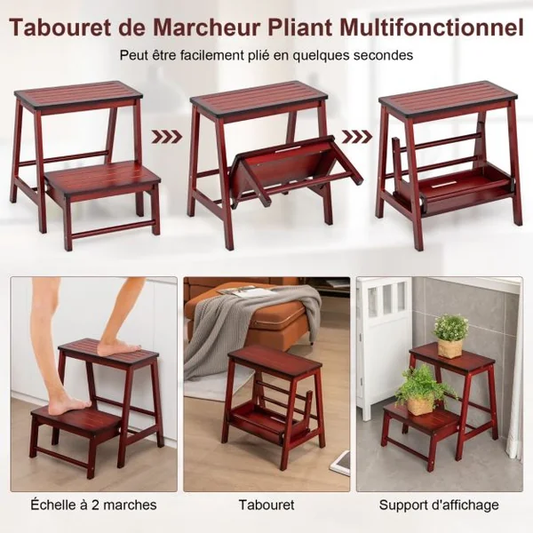 Tabouret d'Echelle Pliante Marchepied avec 2 étages en Bambou Idéal pour Librairie Maison Rouge