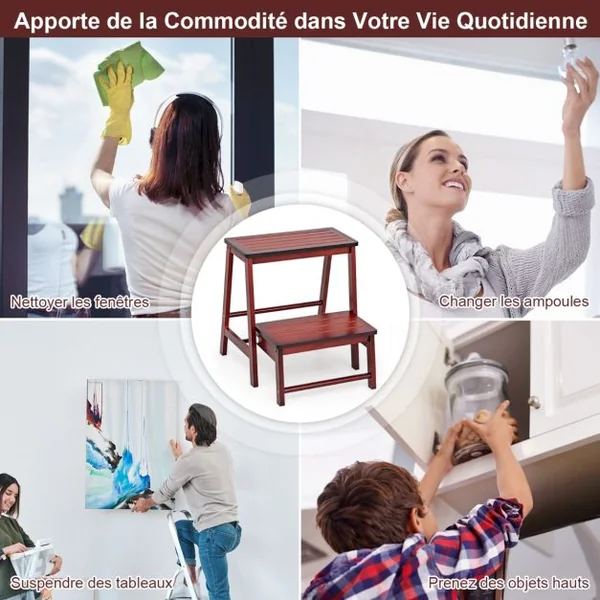 Tabouret d'Echelle Pliante Marchepied avec 2 étages en Bambou Idéal pour Librairie Maison Rouge