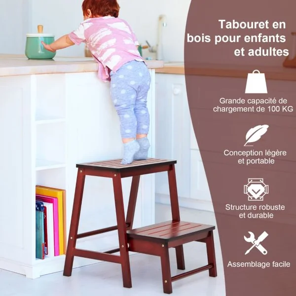 Tabouret d'Echelle Pliante Marchepied avec 2 étages en Bambou Idéal pour Librairie Maison Rouge