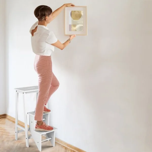 Tabouret Escabeau en Bois d'Hévéa Pliant Marchepied 3 Marches Escabeau Multifonctionnel avec Marches Réversibles Charge Totale de 310 kg Blanc