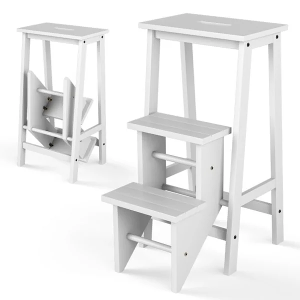 Tabouret Escabeau en Bois d'Hévéa Pliant Marchepied 3 Marches Escabeau Multifonctionnel avec Marches Réversibles Charge Totale de 310 kg Blanc