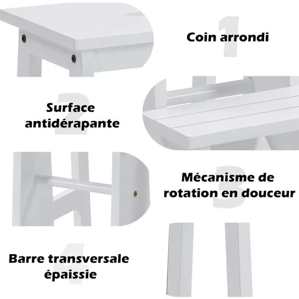 Tabouret Escabeau en Bois d'Hévéa Pliant Marchepied 3 Marches Escabeau Multifonctionnel avec Marches Réversibles Charge Totale de 310 kg Blanc