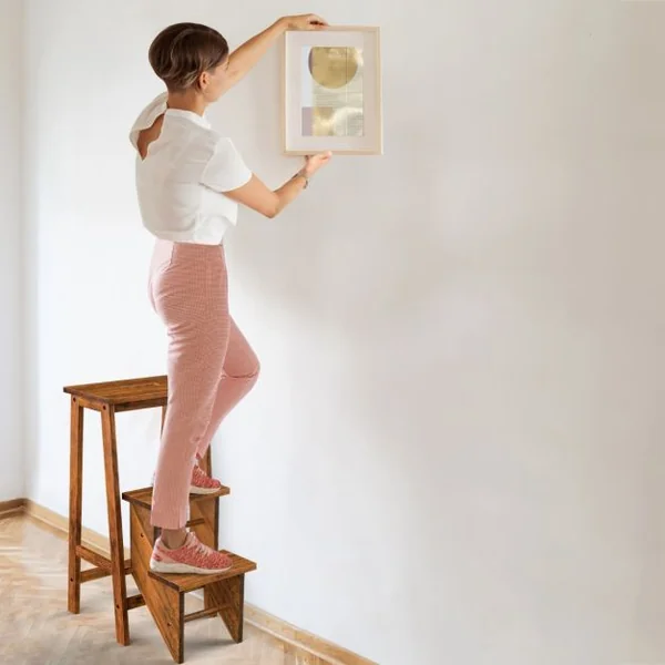 Tabouret Escabeau en Bois d'Hévéa Pliant Marchepied 3 Marches Escabeau Multifonctionnel avec Marches Réversibles Charge Totale de 310 kg Café