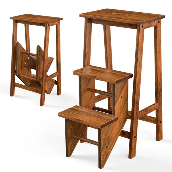 Tabouret Escabeau en Bois d'Hévéa Pliant Marchepied 3 Marches Escabeau Multifonctionnel avec Marches Réversibles Charge Totale de 310 kg Café