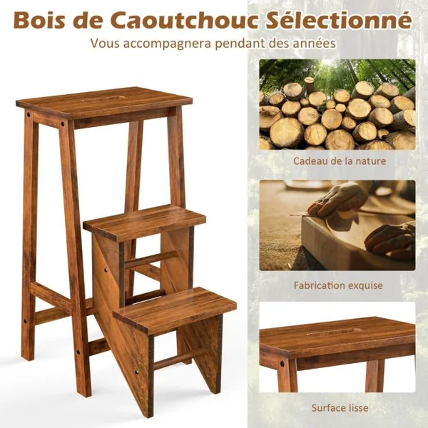Tabouret Escabeau en Bois d'Hévéa Pliant Marchepied 3 Marches Escabeau Multifonctionnel avec Marches Réversibles Charge Totale de 310 kg Café