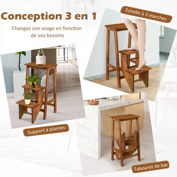 Tabouret Escabeau en Bois d'Hévéa Pliant Marchepied 3 Marches Escabeau Multifonctionnel avec Marches Réversibles Charge Totale de 310 kg Café
