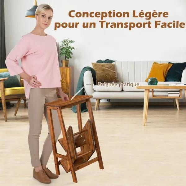 Tabouret Escabeau en Bois d'Hévéa Pliant Marchepied 3 Marches Escabeau Multifonctionnel avec Marches Réversibles Charge Totale de 310 kg Café