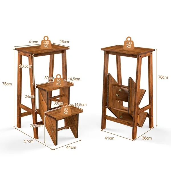 Tabouret Escabeau en Bois d'Hévéa Pliant Marchepied 3 Marches Escabeau Multifonctionnel avec Marches Réversibles Charge Totale de 310 kg Café
