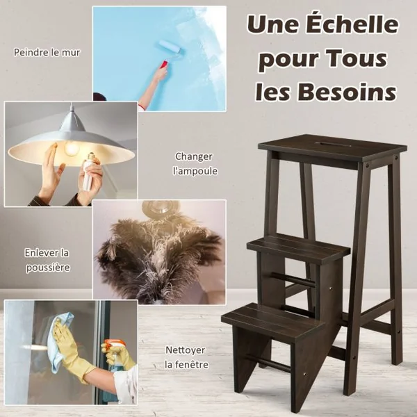 Tabouret Escabeau en Bois d'Hévéa Pliant Marchepied 3 Marches Escabeau Multifonctionnel avec Marches Réversibles Charge Totale de 310 kg Marron