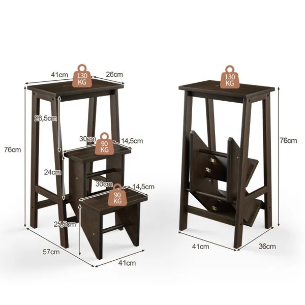 Tabouret Escabeau en Bois d'Hévéa Pliant Marchepied 3 Marches Escabeau Multifonctionnel avec Marches Réversibles Charge Totale de 310 kg Marron