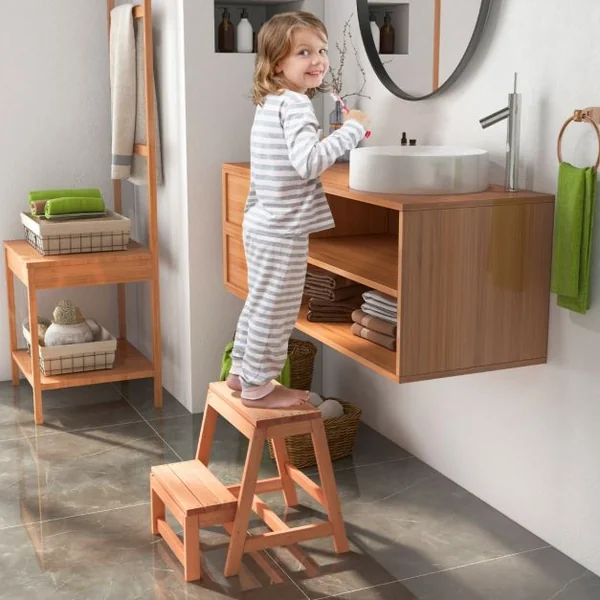 Tabouret Pliable en Bois à 2 Marches Escabeau Multifonction pour Enfants Et Adultes Marchepied Léger Naturel