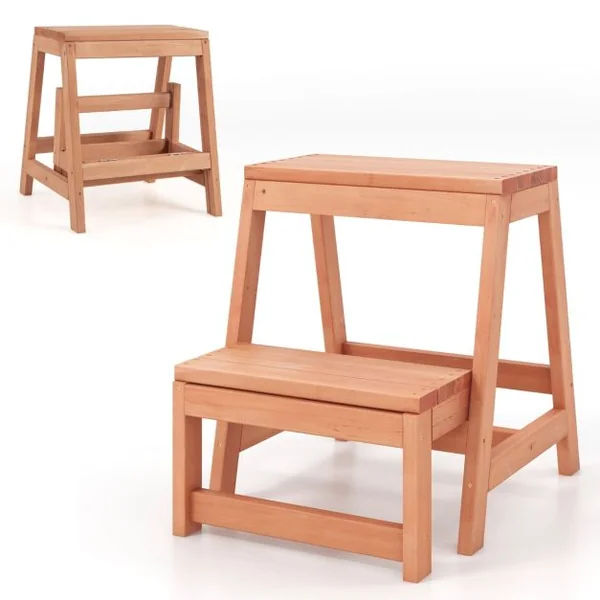 Tabouret Pliable en Bois à 2 Marches Escabeau Multifonction pour Enfants Et Adultes Marchepied Léger Naturel