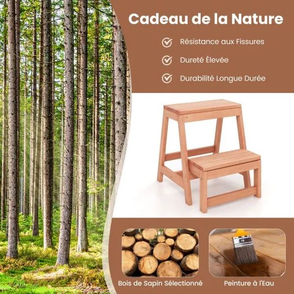 Tabouret Pliable en Bois à 2 Marches Escabeau Multifonction pour Enfants Et Adultes Marchepied Léger Naturel