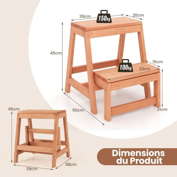 Tabouret Pliable en Bois à 2 Marches Escabeau Multifonction pour Enfants Et Adultes Marchepied Léger Naturel