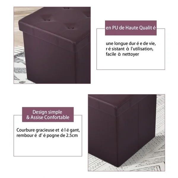 Tabouret pouf pliable Coffre de rangement en cube Boîte de rangement et banc 150 kg max, 38x38x38cm, Marron