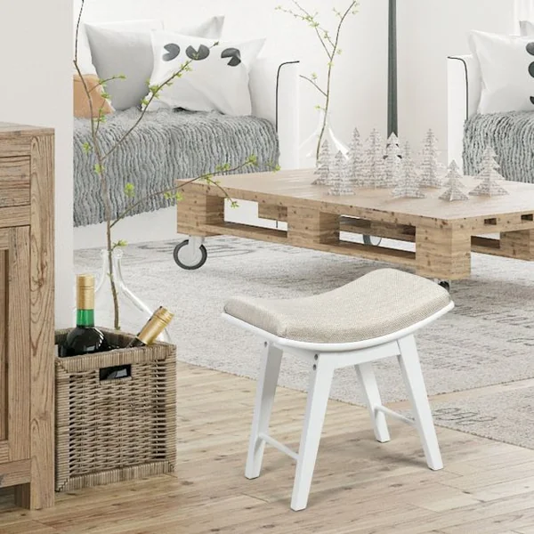 Tabouret Rembourré pour Coiffeuse Piano Repose-pieds Siège d’Appoint Capacité 150kg en Bois + Eponge 48x30x45cm Blanc