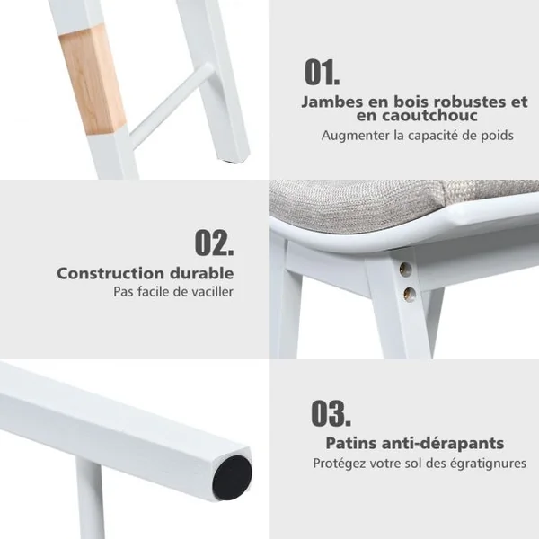 Tabouret Rembourré pour Coiffeuse Piano Repose-pieds Siège d’Appoint Capacité 150kg en Bois + Eponge 48x30x45cm Blanc