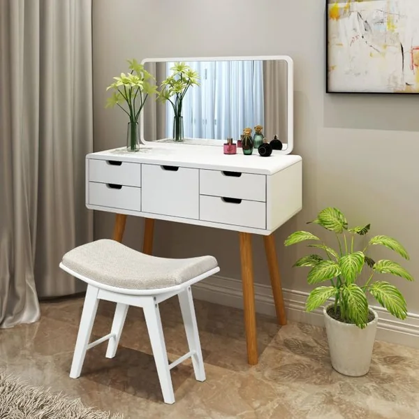 Tabouret Rembourré pour Coiffeuse Piano Repose-pieds Siège d’Appoint Capacité 150kg en Bois + Eponge 48x30x45cm Blanc