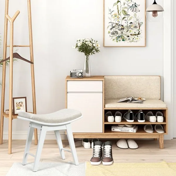 Tabouret Rembourré pour Coiffeuse Piano Repose-pieds Siège d’Appoint Capacité 150kg en Bois + Eponge 48x30x45cm Blanc