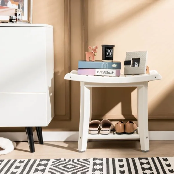 Tabouret Salle de Bain 2 Niveaux en PEHD Étanche Banc de Douche Antidérapants Siège Incurvé pour Enfants et Adultes Charge Max 150kg 60,5x34x48cm