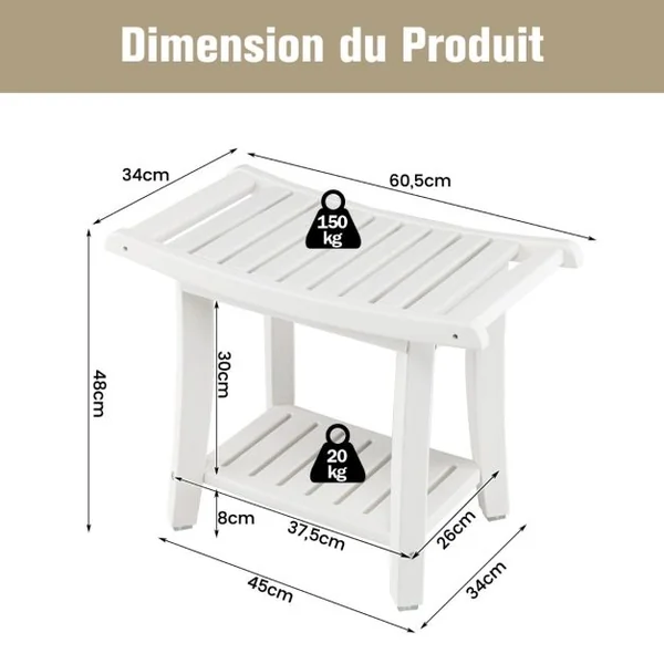 Tabouret Salle de Bain 2 Niveaux en PEHD Étanche Banc de Douche Antidérapants Siège Incurvé pour Enfants et Adultes Charge Max 150kg 60,5x34x48cm