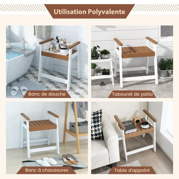 Tabouret Salle de Bain Imperméable avec Accoudoirs Petit Tabouret de Douche Antidérapant Étanche Siège de Douche Intérieure pour Enfants et Adultes Marron & Blanc