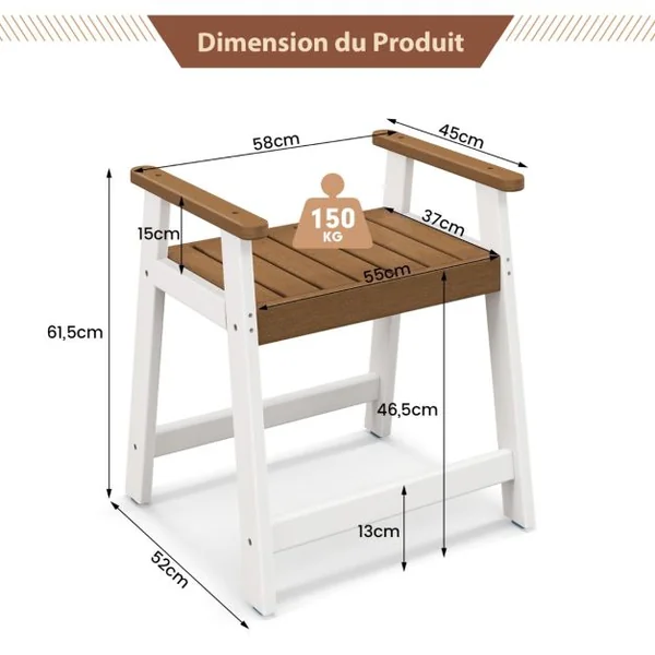 Tabouret Salle de Bain Imperméable avec Accoudoirs Petit Tabouret de Douche Antidérapant Étanche Siège de Douche Intérieure pour Enfants et Adultes Marron & Blanc