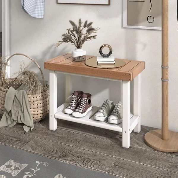 Tabouret Salle de Bain à 2 Niveaux Petit Tabouret de Douche Imperméable Antidérapant avec Étagère Rangement Chaise Banc Salle de Bain Marron & Blanc