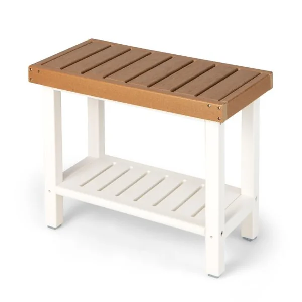 Tabouret Salle de Bain à 2 Niveaux Petit Tabouret de Douche Imperméable Antidérapant avec Étagère Rangement Chaise Banc Salle de Bain Marron & Blanc