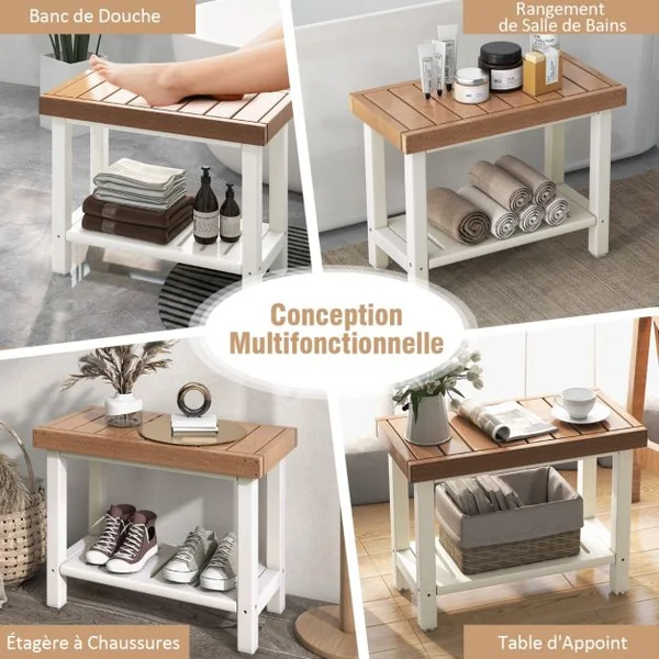 Tabouret Salle de Bain à 2 Niveaux Petit Tabouret de Douche Imperméable Antidérapant avec Étagère Rangement Chaise Banc Salle de Bain Marron & Blanc