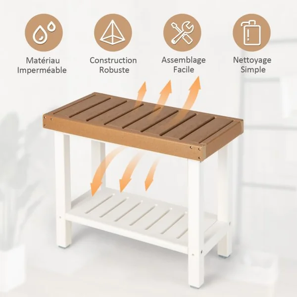 Tabouret Salle de Bain à 2 Niveaux Petit Tabouret de Douche Imperméable Antidérapant avec Étagère Rangement Chaise Banc Salle de Bain Marron & Blanc