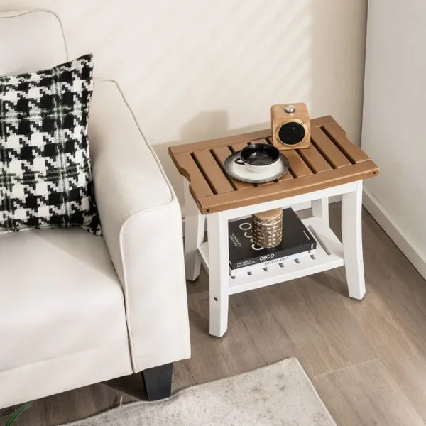 Tabouret Salle de Bain à 2 Niveaux Petit Tabouret de Douche Imperméable Antidérapant avec Étagère Rangement Marron & Blanc