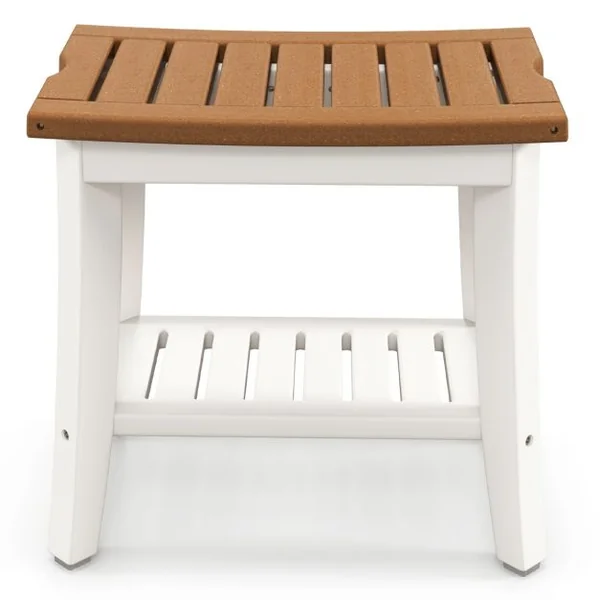 Tabouret Salle de Bain à 2 Niveaux Petit Tabouret de Douche Imperméable Antidérapant avec Étagère Rangement Marron & Blanc