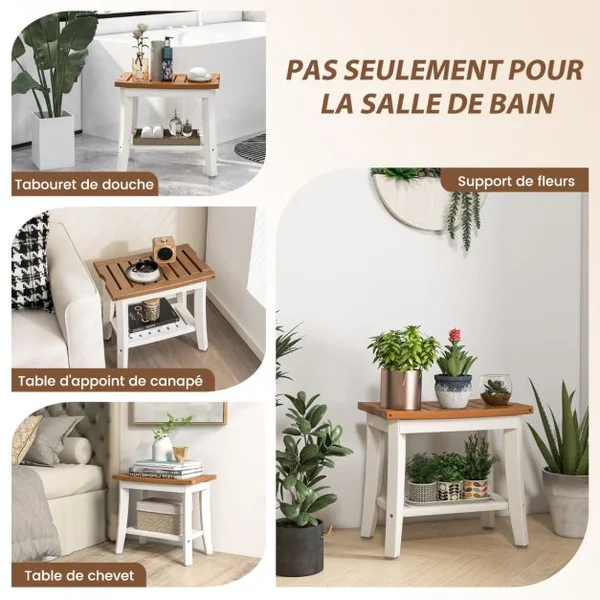 Tabouret Salle de Bain à 2 Niveaux Petit Tabouret de Douche Imperméable Antidérapant avec Étagère Rangement Marron & Blanc