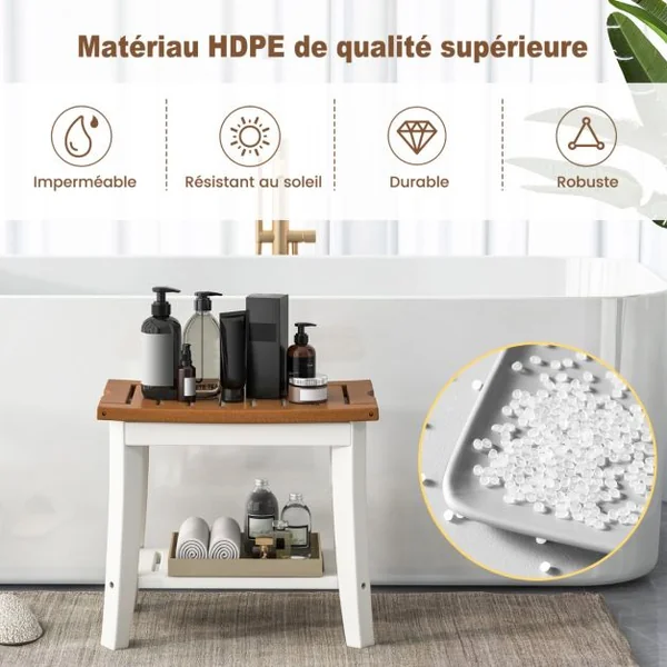 Tabouret Salle de Bain à 2 Niveaux Petit Tabouret de Douche Imperméable Antidérapant avec Étagère Rangement Marron & Blanc